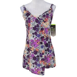 REI Top Womens 14 Sariska Yoga Tunic Gray Purple Stretch Knit Attached Bra New